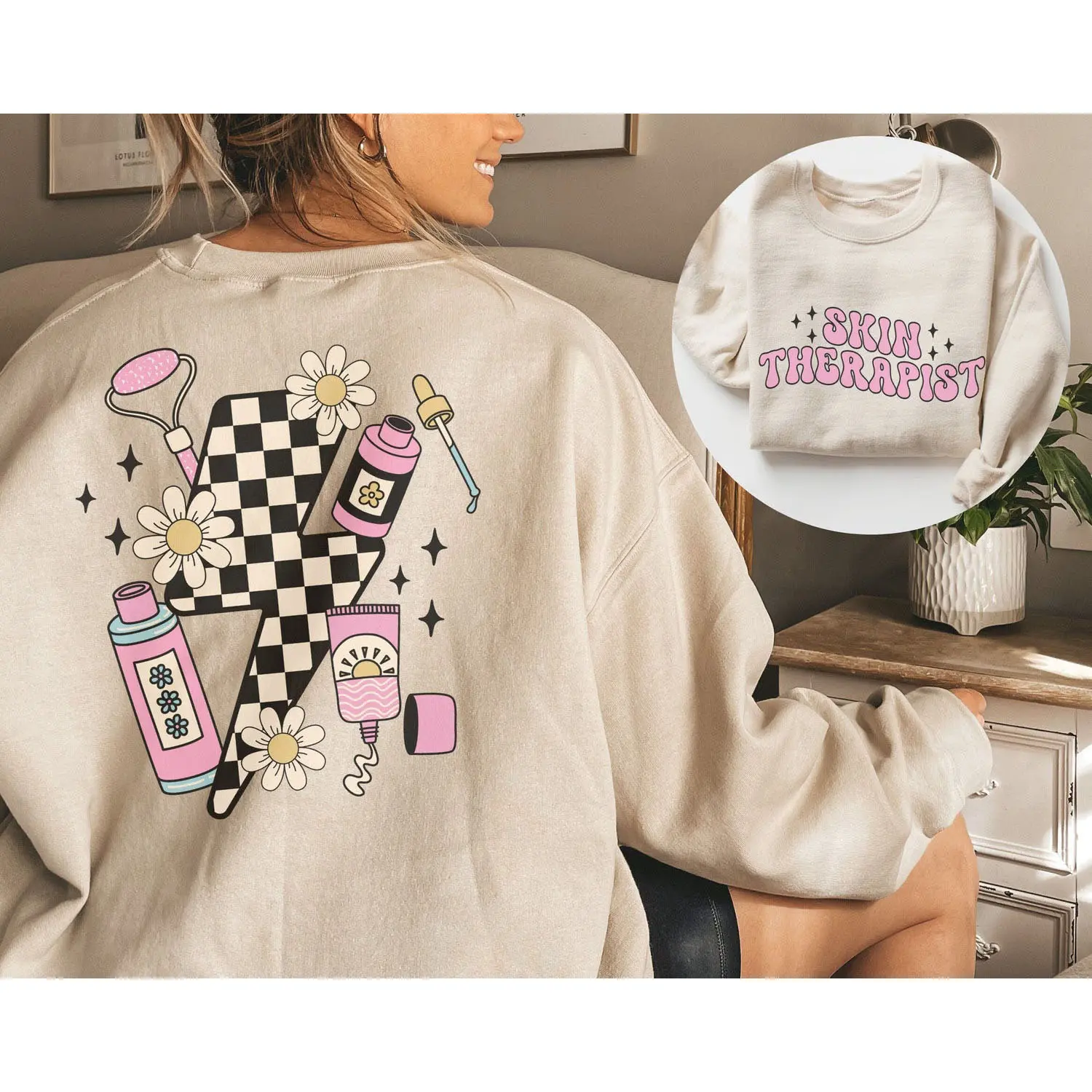 Retro Skin Therapist Front & Back Sweatshirt • Esthetician Gifts • Esthetician Sweater • Skincare Crewneck • Esthetics School • Aesthetician, both side