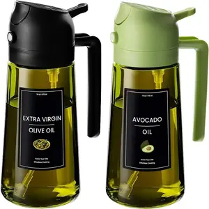 2PCS Olive Oil Dispenser Sprayer for Cooking, 2-in-1 Spray and Pour Dark Green Glass Oil Bottle with Stickers, 16 oz/470 mL Oil Sprayer, Kitchen Oil Dispenser