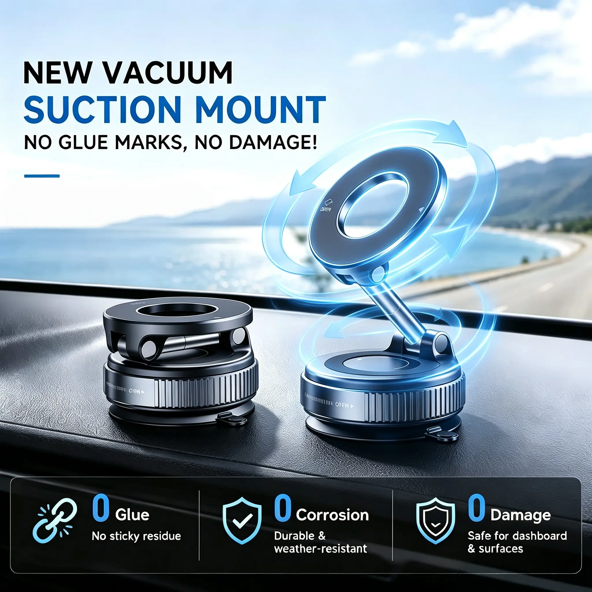 Magnetic Car Phone Holder, Strong Vacuum Adsorption Dashboard Mount, 360° Rotatable Foldable Phone Bracket, Powerless Silent Design Compatible with iPhone 12-17 Series