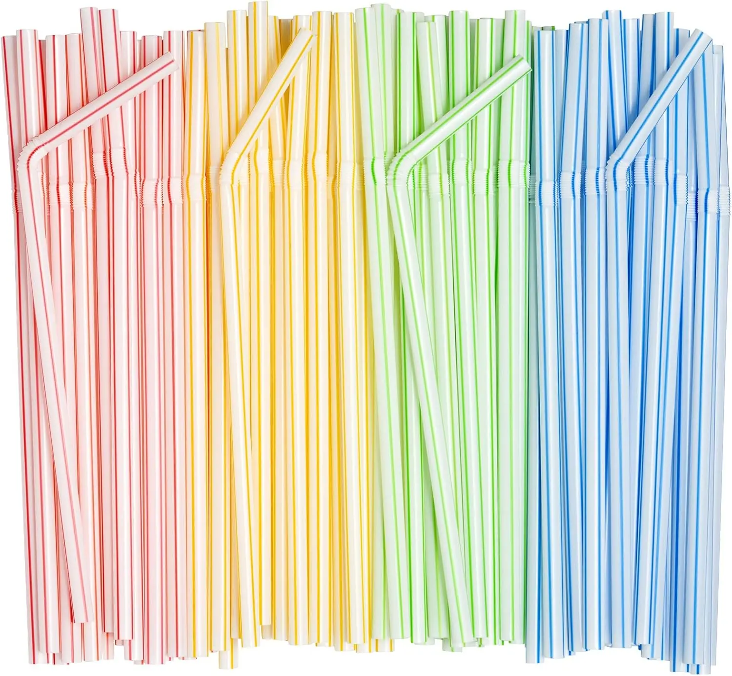 [New Deal] 200-Pack Bendable Disposable Plastic Drinking Straws - 7.75in High, Assorted Striped Colors, Generous Quantity Mix-and-Match Utensils for Beverages