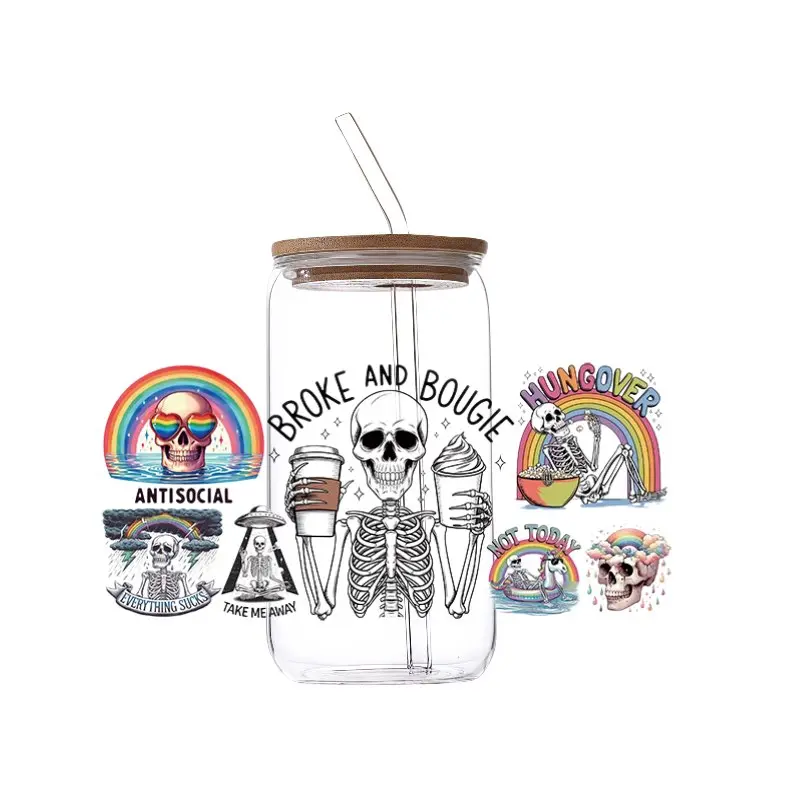 UV DTF Cup Wraps - 5 Sheets Funny Skeleton Halloween Gifts for 16 oz Glass, UV DTF Wraps Waterproof Stickers UV DTF Cup Wrap Transfer for Glass Cups Wood Crafts