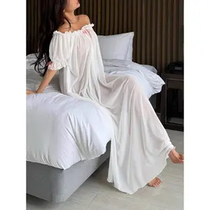 Autumn Winter New Arrival Charming Sheer Mesh Off Shoulder Ruffle Hem Long Women's Sexy Nightgown