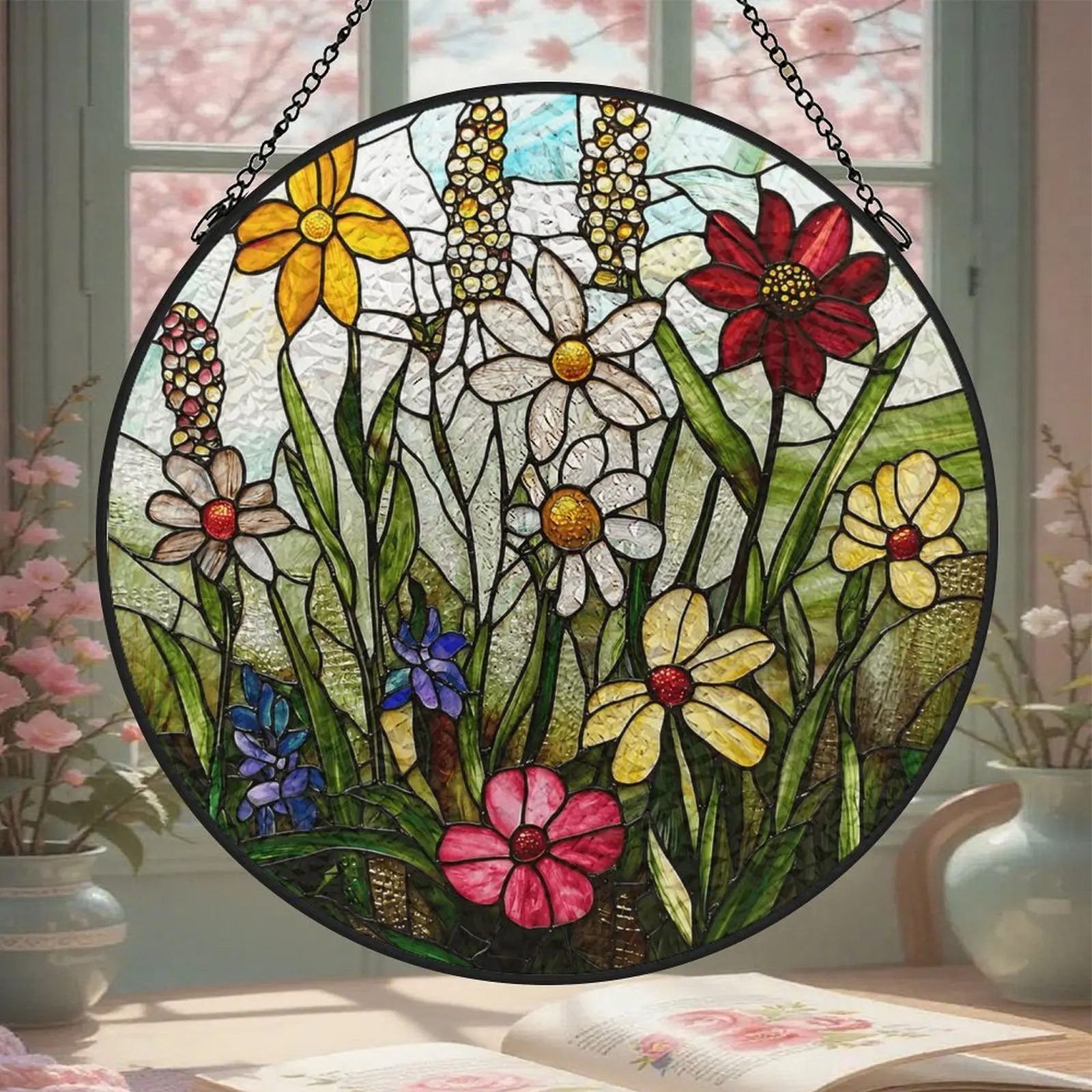 Stained Glass Window Hanging Suncatcher - Colorful Wildflower Plant Scenery, White-Green Metal Frame Decoration, 3.5in/6.3in/7.8in Hangable Ornaments, Home Styling Gifts for Women (Christmas, Mother's Day), Window Decor, Home Supplies, Floral Decor