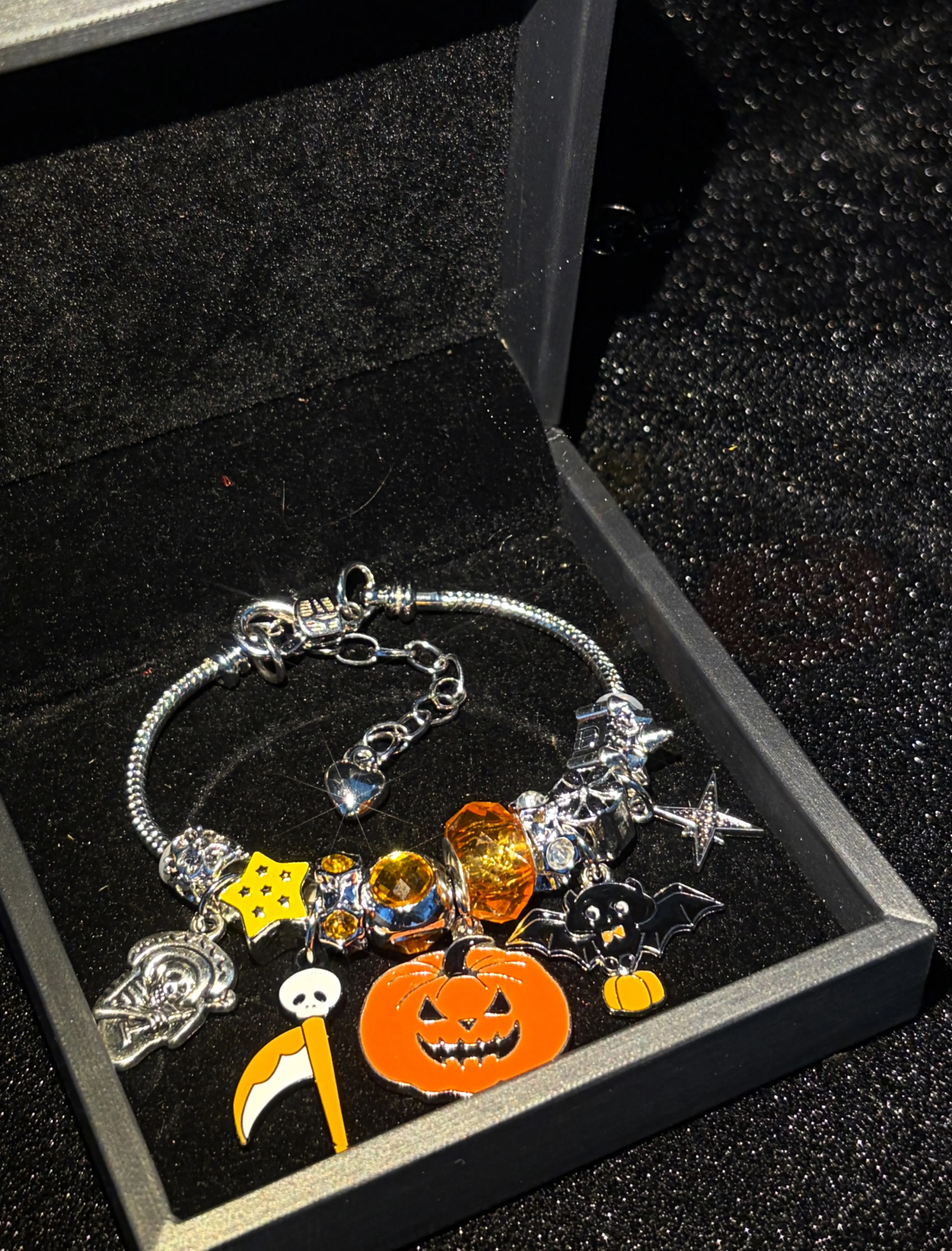 Halloween Charm Bracelet, Silver Tone Snake Chain Bracelet with Pumpkin Bat Scythe Star Enamel Charms, DIY Large Hole Beads Costume Jewelry Gift for Women Teen Girls