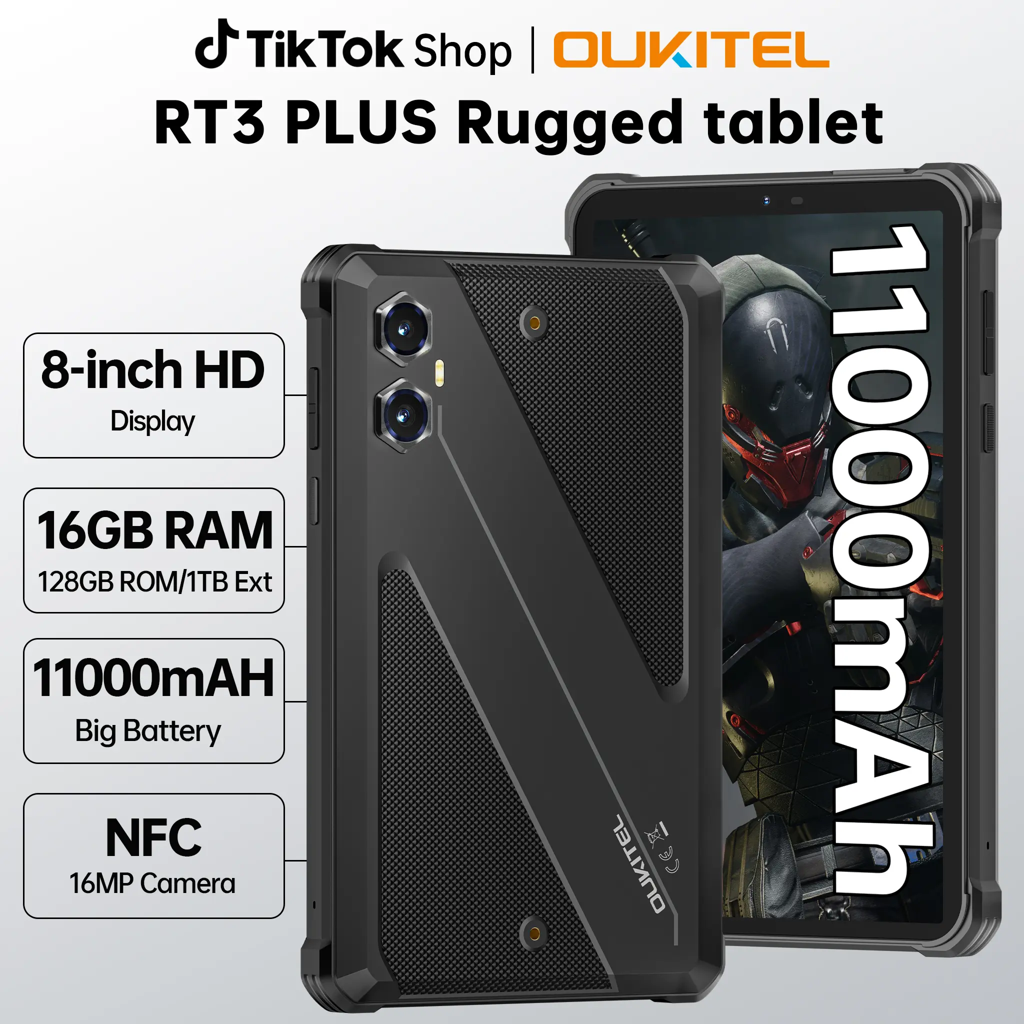 OUKITEL RT3 Plus Rugged Android 15 Tablet, 8 Inch HD Display Waterproof Tablets, 1100mAh Battery, 16GB+128GB (1TB Extra) Industrial Tablet PC,16MP+8MP, 100dB Speaker,Face ID/MediaTek G81/GPS/NFC