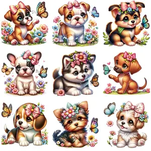 Dog & Butterfly Pattern Heat Transfer Sticker, 9 Counts/set DIY Craft Heat Transfer Sticker, Heat Press Sticker for T-shirt, Jeans, Trousers, Diy Material, Diy Craft Supplies