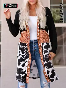 Women's Ethnic Pattern Cow Patchwork Colorblock Cardigan, Casual Chic Open Front Long Sleeve Knitwear for Fall & Winter, Ladies Clothes for Daily Wear, Womenswear