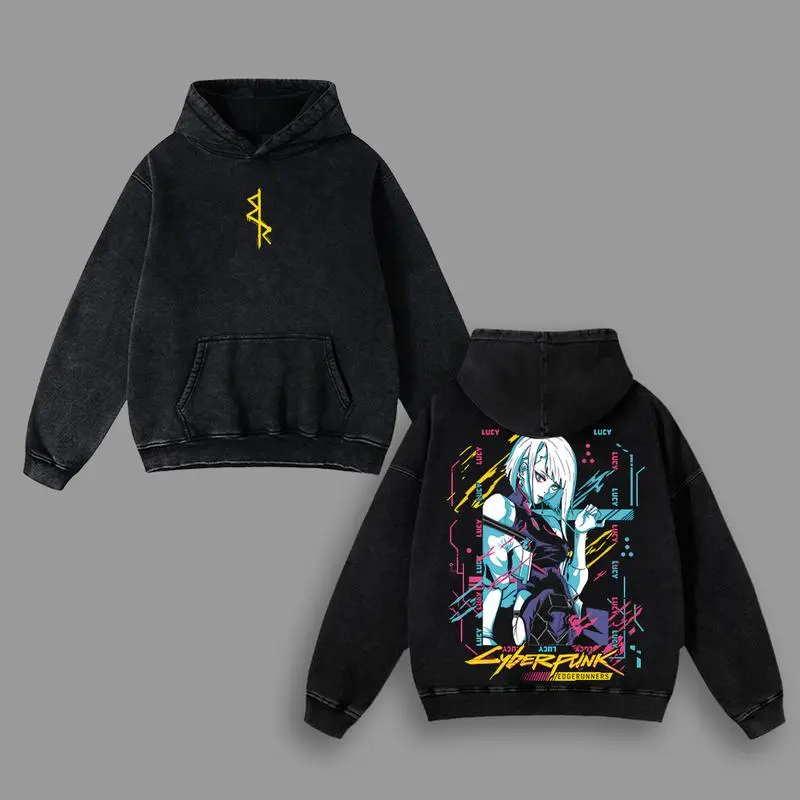 Retro Limited Edgerunners Neoncore Lucy Unisex Acid Washed Lightweight Hoodie, Edge Runner Shirt, Cyberpunk Edgerunners, Lucy Shirt, Fabric Top Cotton