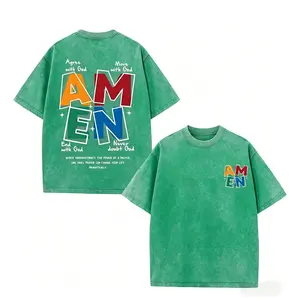 100% Cotton AMEN Classic Letter Header T-Shirt for Men Women Vintage Distressed 230g Washed Cotton Casual Fit God Bless  (regular cotton/washed cotton) You Design Faith Christian Patriotic oversized gym