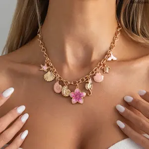 Gold Ocean Charm Choker Necklace, Starfish Shell Seahorse Turtle Flower Pendant Chunky Chain Necklace, Summer Beach Vacation Jewelry for Women summervibes
