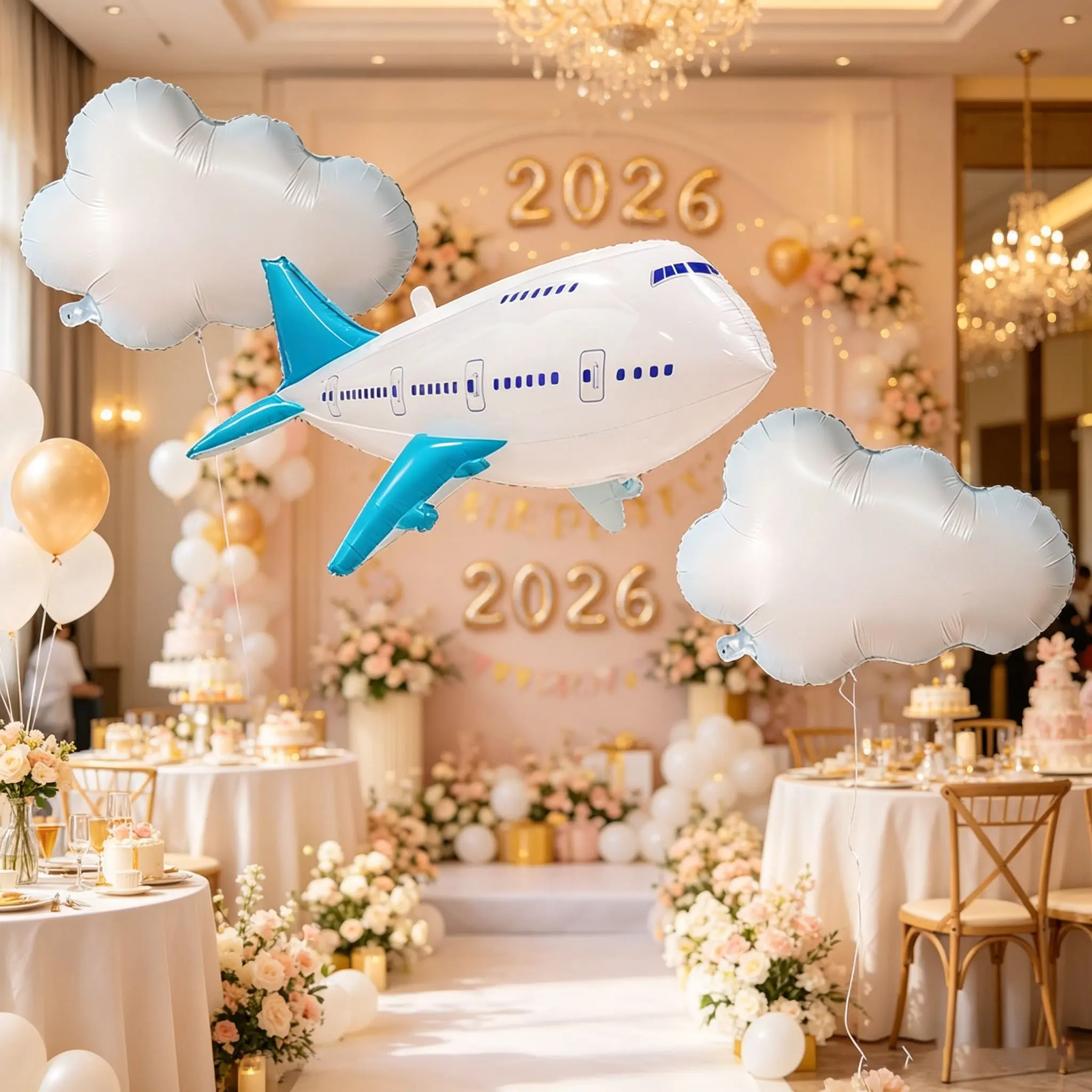 3-Pack Large White Cloud + Airplane Foil Balloon Set, Balloon Decorations Kit, Perfect for Birthday, New Year, Valentine‘s Day, Wedding, Party Decorations, Sky Theme Decor, Helium Floatable, Photo Prop, Indoor Outdoor