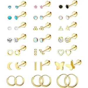 Jstyle 21 Pairs Stainless Steel Stud Earrings for Women Cartilage Trague Stud Earrings Hypoallergenic CZ Earrings Studs Pearl Stud Earrings Silver Star Round Ball Stud Novelty Earrings Set Daily