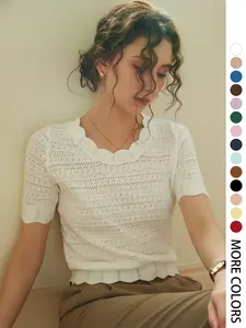 French Elegance Versatile Slim Fit Basic Casual Lazy Short Sleeve Soft Knit Pullover T-Shirt, Knitted Top for Women Spring Summer (random Pattern) Knitwear