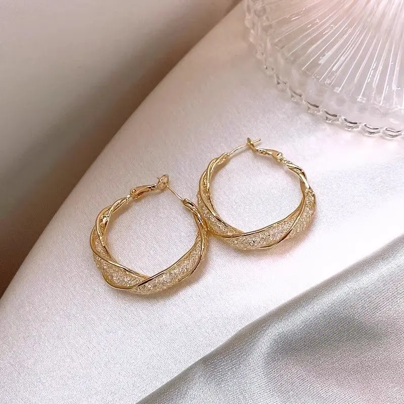SQ Elegant Gold Tone Twisted Hoop Earrings with Sparkling Details for Women's Fashion Accessories