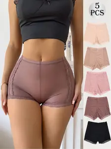 Women's Lace Trim Ice Silk Briefs Set, Thin Breathable Comfort Fashion Underwear, Sexy Fitted Plain Design, All Seasons Wear, Soft Breathable Knicker