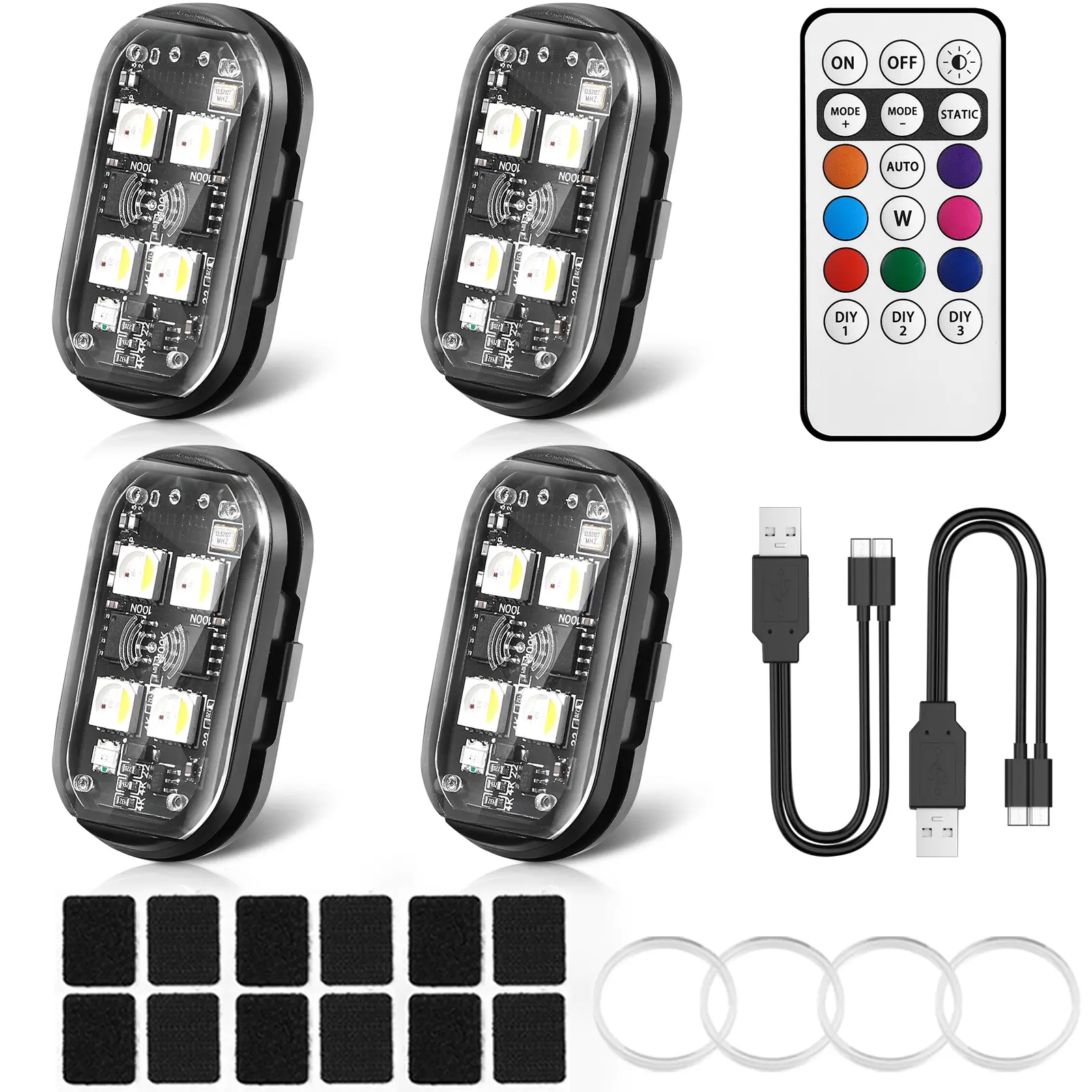 [Wholesale] 4 PCS RGB strobe light, 8-color wireless flash warning light, suitable for bicycles, drones, cars, toys, multi-functional decorative lights (includes 4 lamp beads) IP65 waterproof USB charging