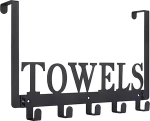 Door Mounted Towel Holder Black Metal Over Door Hooks Heavy Duty Hanging Rack for Bathroom Bedroom Cabinet Storage