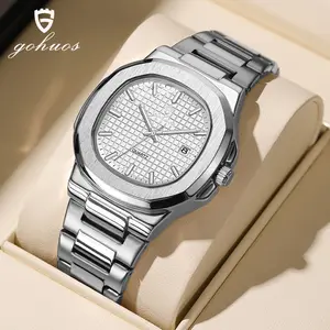 GOHUOS 2026 new square luxury fashion men's waterproof quartz watch, with luminous date and day display, stainless steel men's watch Square dial wristwatch