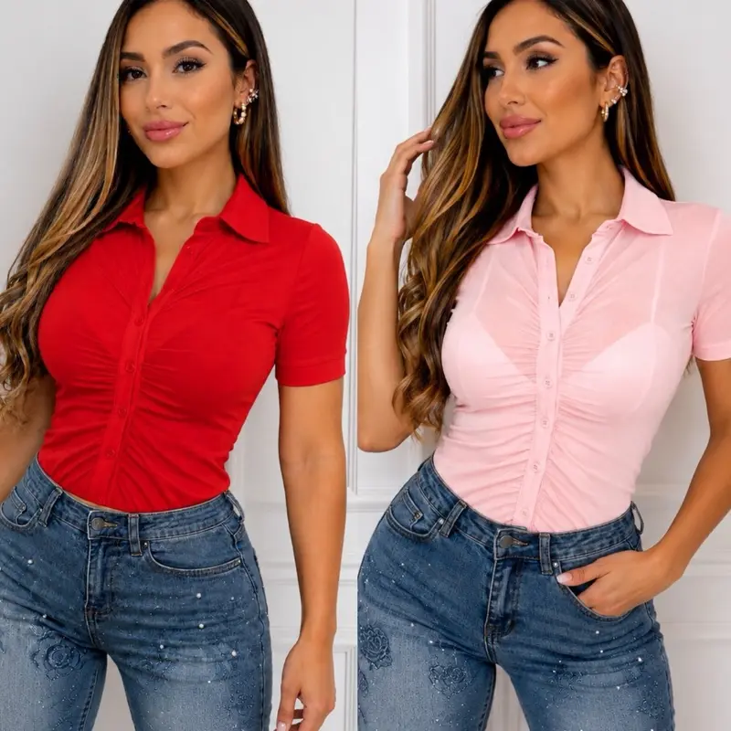 Colombia Divine Women’s Ruched Mesh Button-Up Blouse - Feminine, Stretchy, Casual, Chic, Comfortable Stretch Sheer Short Sleeve Top, Elegant