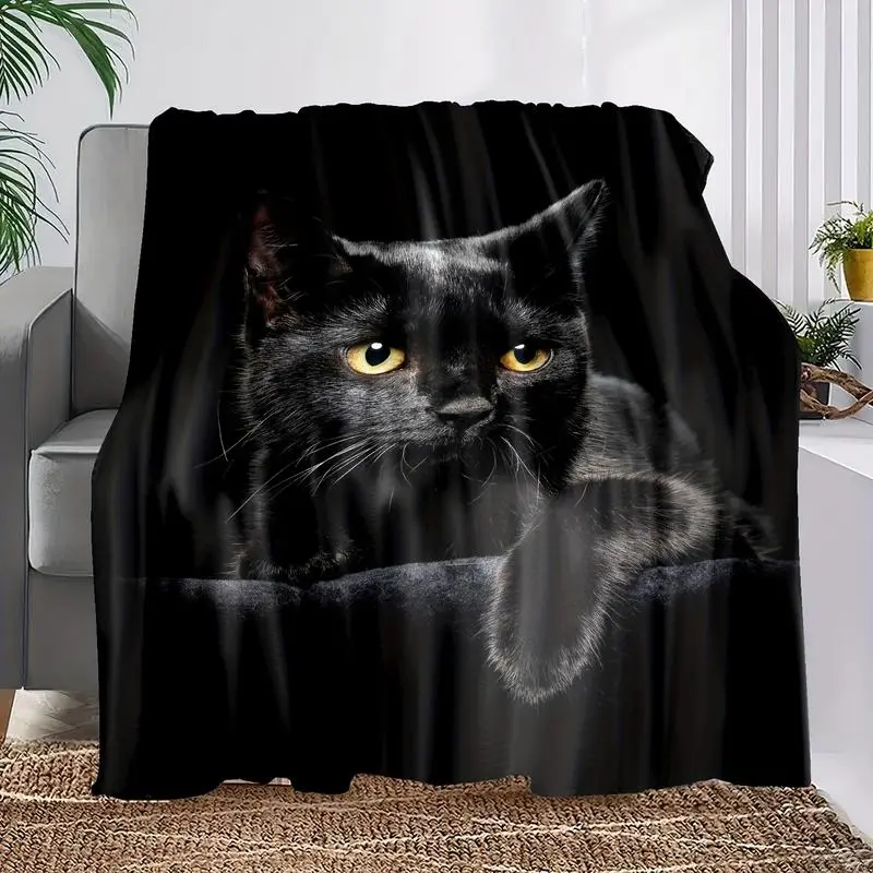 Black Cat Print Flannel Blanket, Soft Warm Throw Blanket Nap Blanket For Couch Sofa Office Bed Camping Travelling