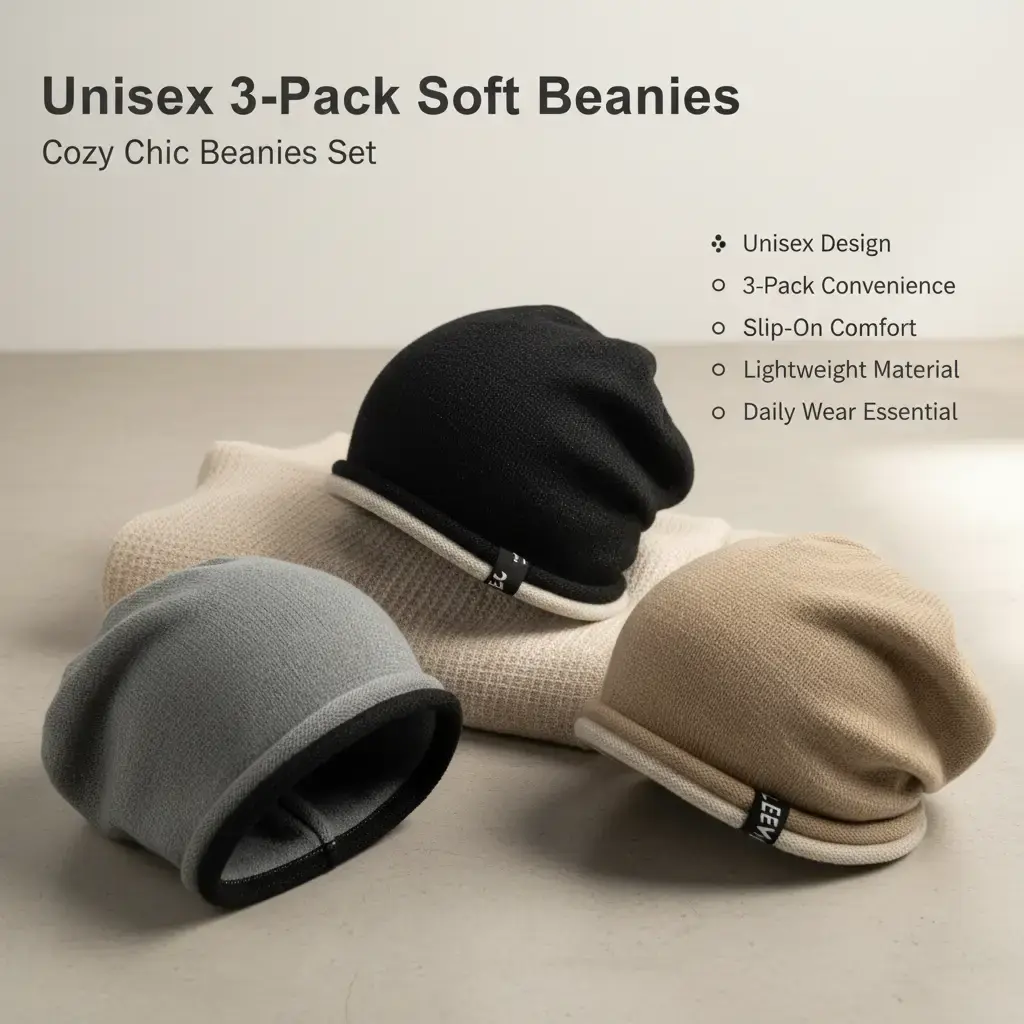 3-Pack Men’s & Women’s  Cozy Slouchy Beanie Set - Luxuriously Soft Delicate Knit, Lightweight Everyday Hip-Hop Running Hats, 20.47-23.62 in Head Circumference