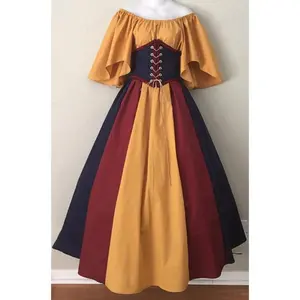 Women’s Medieval Retro Off-Shoulder Swing Dress with Color-Contrast Patchwork, Flounce Sleeves, and Lace-Up Cinching