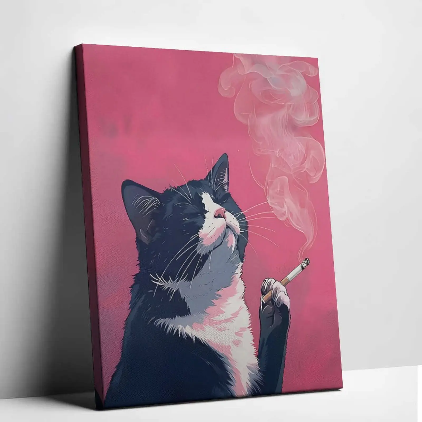 Funny Smoking Cat Canvas Wall  - Edgy Black Cat Pop  Poster Print, 2D Flat Animal Picture.Unique Quirky  Decor for Bedroom, Living  & Office art room