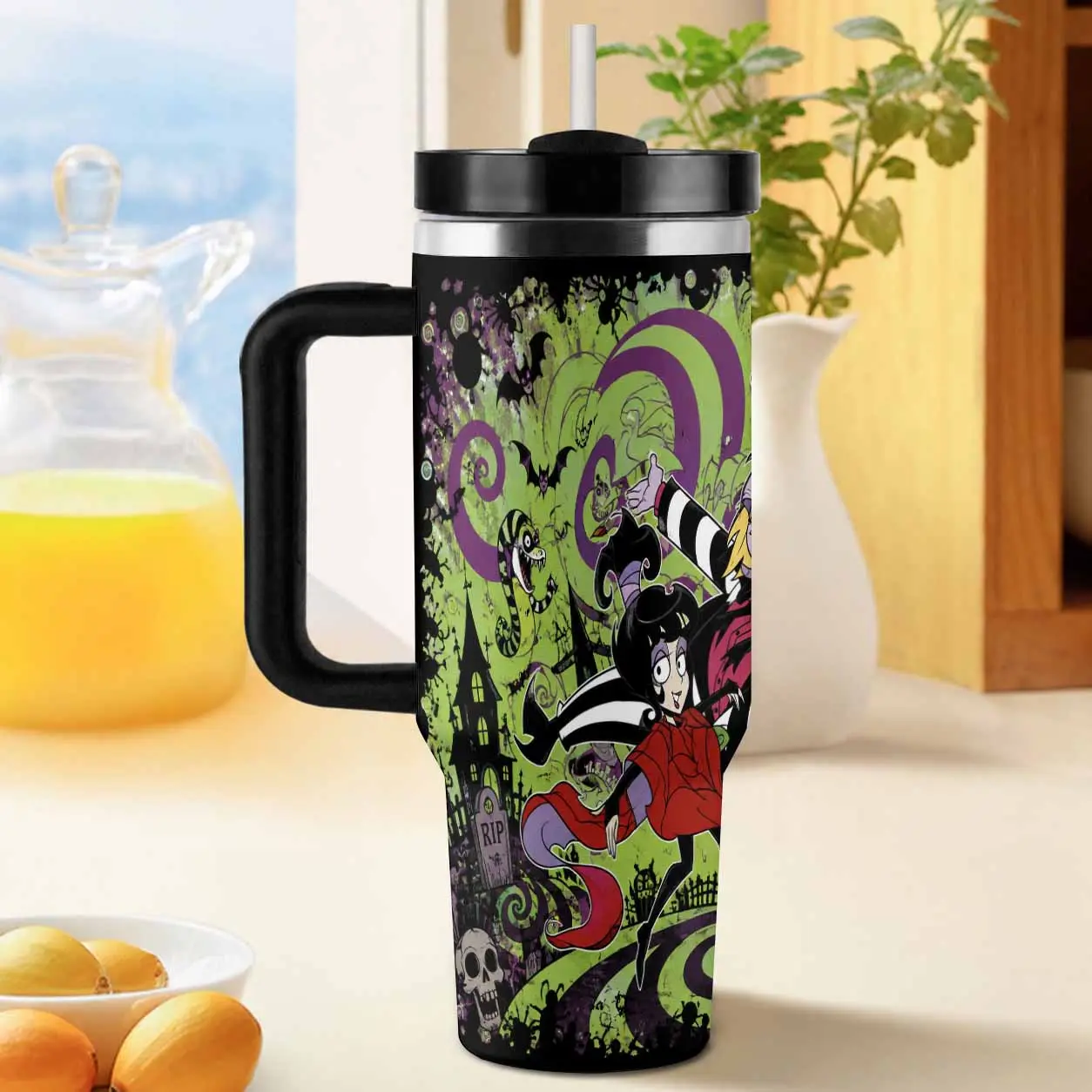 Beetlejuice Car Cup 40oz. Spooky Fantasy Graphic Print. Stainless Steel Vacuum Insulated. Travel Coffee Mug. Large Capacity Handle Cup. Perfect for Road Trips. Daily Office Use.