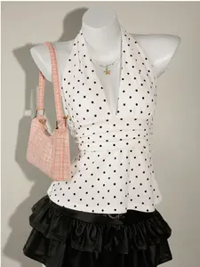 Women's Halter Deep V-Neck Ruched A-Line Backless Polka Dot Camisole