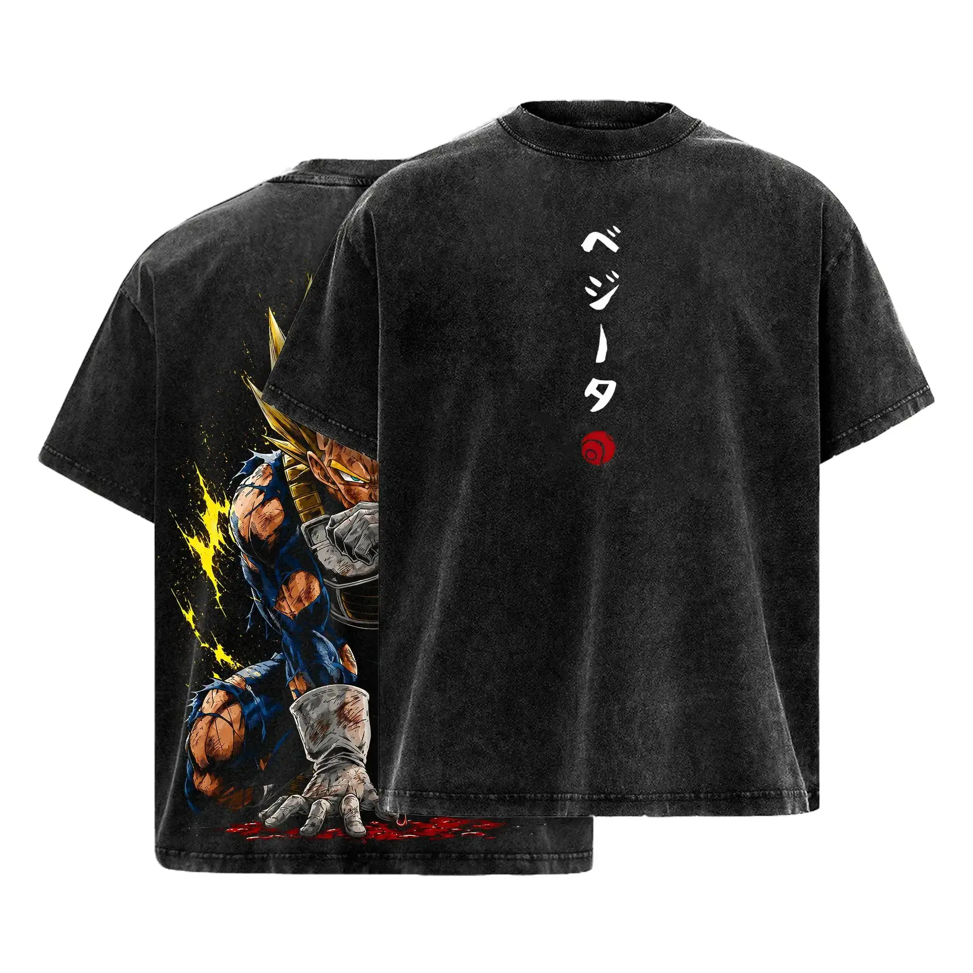 Vintage Washed Anime Graphic Tee Heavyweight Cotton Oversized Streetwear T-Shirt Golden Saiyan Prince Warrior Fighter Gym Pump Cover for Men Japanese Retro Manga Style Y2K Acid Wash Top DBZ Fan Apparel Casual Everyday Wear High Quality Durable Print Shirt
