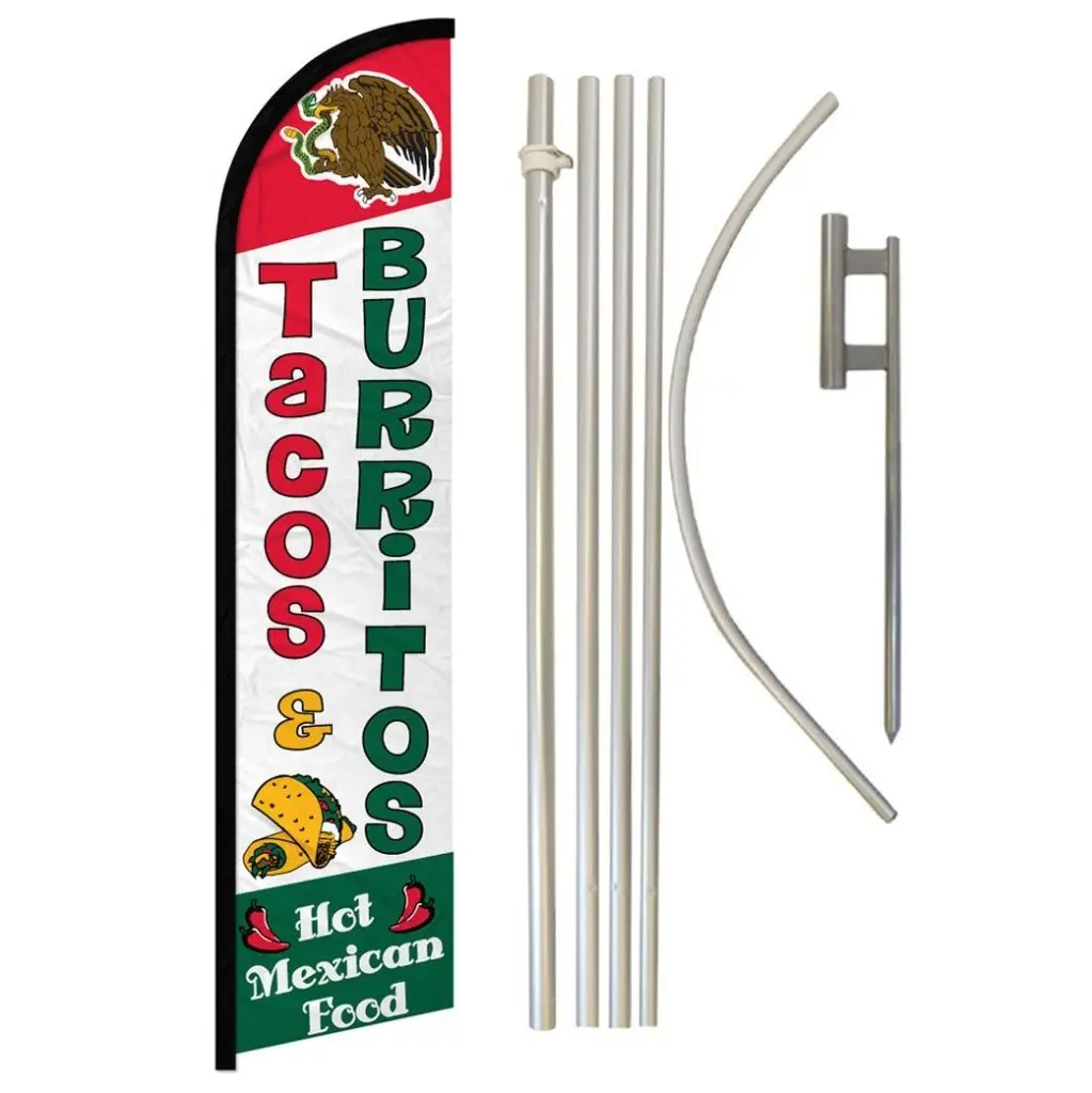 Windproof Tacos & Burritos Banner Flag Complete Kit with Aluminium Pole, Curved Sleeve, Windless Design - 11.5x2.5 ft Steel & Synthetic Construction, Easy Install, Stable Festive Backdrop with Food Graphics, Business Accessory, Storage-Compatible, Home Su