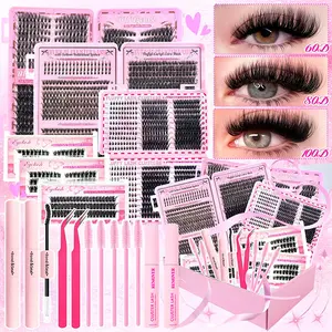 17 Counts Eyelash Extensions,Eyelash Set, Upper/Lower Eyelash, Clusters Lashes, Fluffy DIY Lash Extension with 2Glue, 2 Tweezers, 5 Brushes, 2 Removers, D Curl Individual Lashes Extensions, Soft Reusable Cluster Lash Extension, Eyelash Cluster Kit