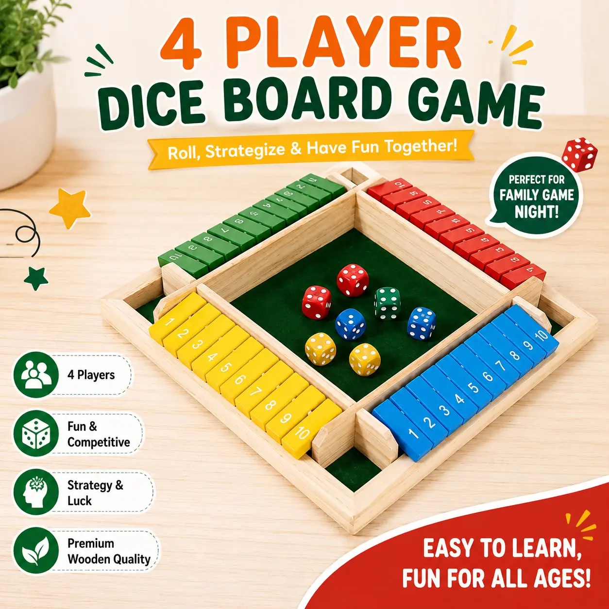 Durable 4-Player Wooden Flip & Roll Dice Game, Portable Educational Tabletop Board Games, Family Fun Activity for Ages 4+, Ideal Gift, Board Games For Family Night, Party Board Game