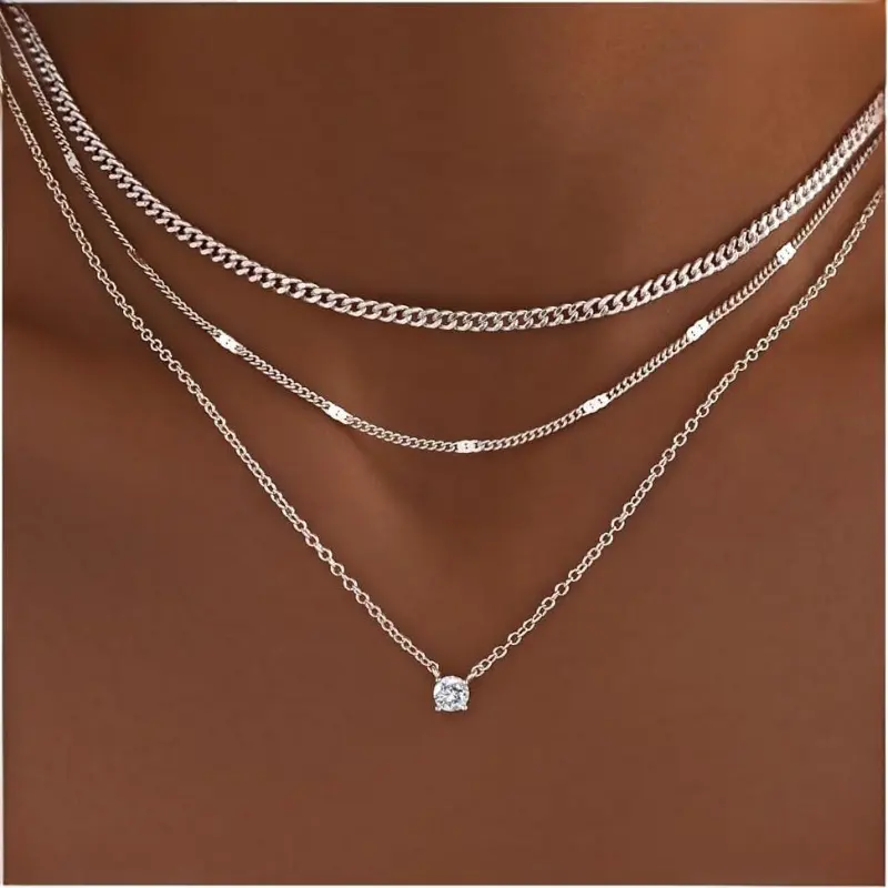 Women's Layered Gold-Silver Metal-Plated Necklace Set - Elegant CZ Rhinestone Pendant, Chunky Cuban Chain, Waterproof Stackable Daily Fashion Costume Jewelry, Jewelry for Women, Valentines Day Gift, Ready-to-Gift Set Feels Thoughtful, Elegant Necklace, Fa