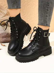 Women's Punk Combat Boots with Side Zipper and Laces, Fashionable Design for Tight Pants, Comfortable and Trendy Footwear, Casual Boots