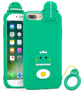 Cute iPhone 6 Plus Case, iPhone 6s Plus Case, iPhone 7 Plus Case, iPhone 8 Plus Case, Green Dinosaur Funny Animals 3D Cartoon Soft Silicone Shockproof Back Cover for Girls Boys Kids Women
