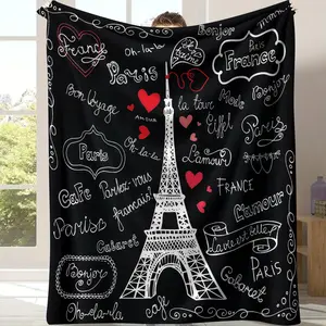 Paris Eiffel Tower Doodle Throw Blanket - Black Background French Hand-Letter Print, Cozy Soft Design with Red Hearts and "Oh-la-la" Phrases, Ideal for France Enthusiasts
