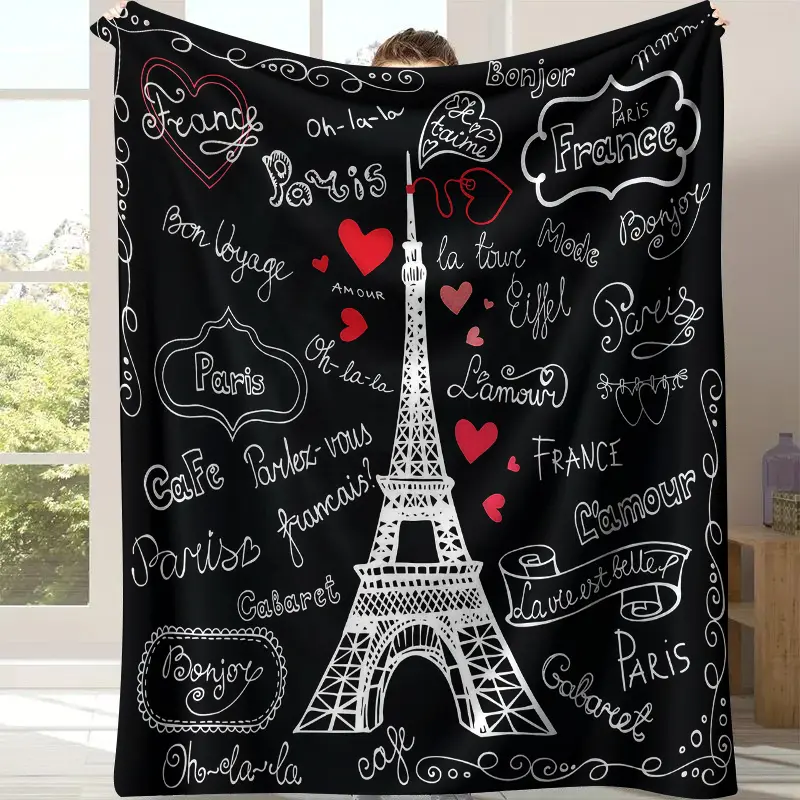 Breathable Paris Eiffel Tower Doodle Soft Fabric Throw Blanket - Black Background, French Style Hand Lettering Print, Red Hearts, "Oh-la-la" Phrases, Ideal for France Enthusiasts, Multi-Size