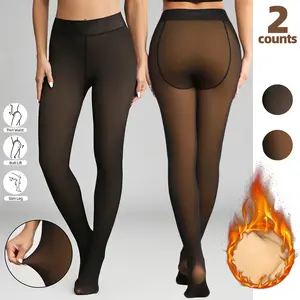 Fleece Lined Tights 2Pack for Women Thermal Winter Basic Tights Leggings Thick Semi-Transparent Casual Underwear Pantyhose Closed Foot Cozy Stylish