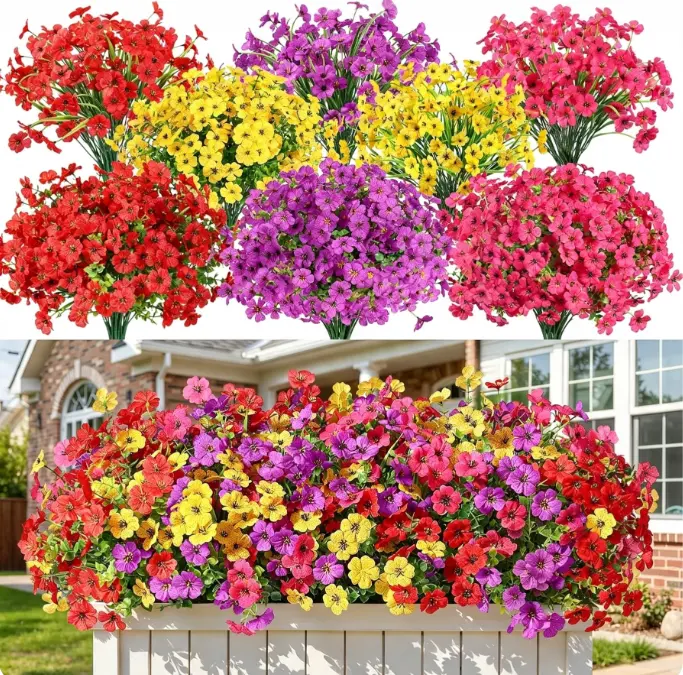 24-Bundle Pack Decorative Faux Flowers, UV-Resistant Silk & Plastic Daisies with Flexible Stems & Mixed Colors, Outdoor Spring Greenery for Porch, Patio Hanging Window Planter