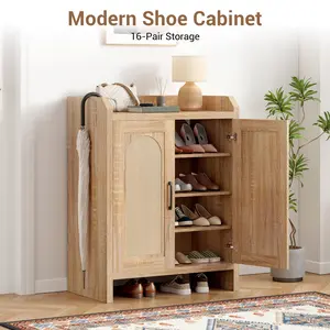 Natural Rattan Shoe Cabinet with Doors, 4-Tier Wooden Shoe Organizer, Shoe Storage Cabinet with Adjustable Shelves, Shoe Cabinet Storage for Entryway,Hallway, Living Room, Bedroom,Closet