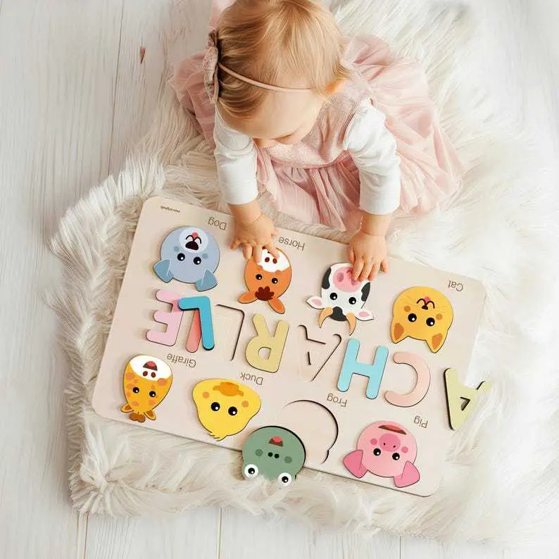 Personalized Name Wooden Animal Puzzle, Custom Name Jigsaw Board, Educational Montessori Toy Gift for Toddlers Baby