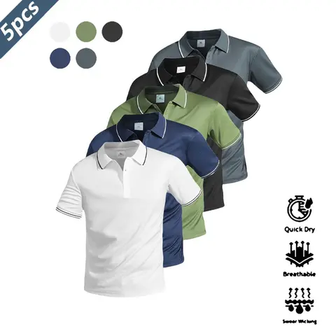 Men's 5-Piece Regular Fit Collared Button Polo Shirts - Casual Short-Sleeve Quick-Dry Sportswear with Golf-Style Cuffs, 5-Piece Black, Golf-Ready Look Tops, Dry Clean & Machine Washable,sohochic