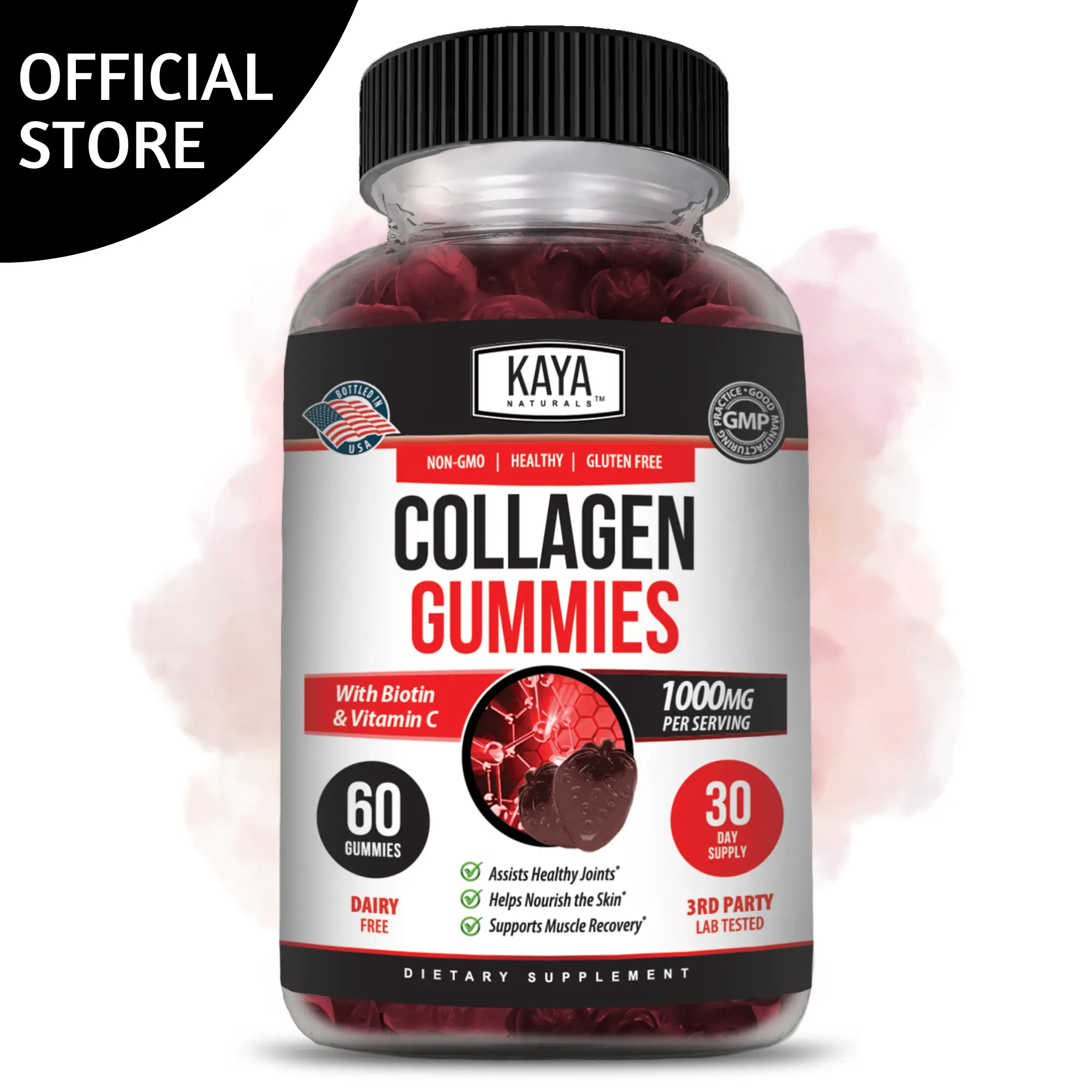 Kaya Naturals Clean, Convenient Dietary Collagen Gummies for Men & Women - 1000mg Hydrolyzed Collagen, Vitamin C, Selenium, Biotin, Strawberry Flavor, 60 Count, No Preservatives, Skin Care & Healthy Aging Support