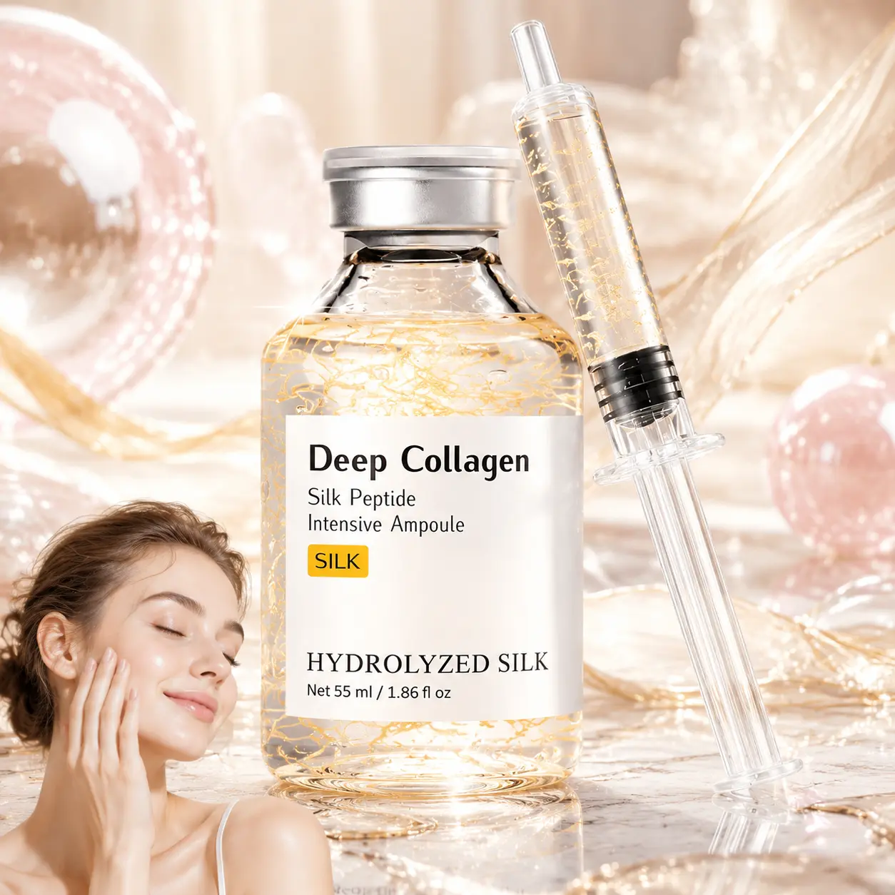 Deep Collagen Silk Peptide Intensive Ampoule Serum 55ml – Copper Peptides & Multi-Peptide Complex, K-Beauty Hydrating Face Serum for Skin Firming, Elasticity Boost, Deep Moisture, Smooth, Radiant & Youthful-Looking Skin Care
