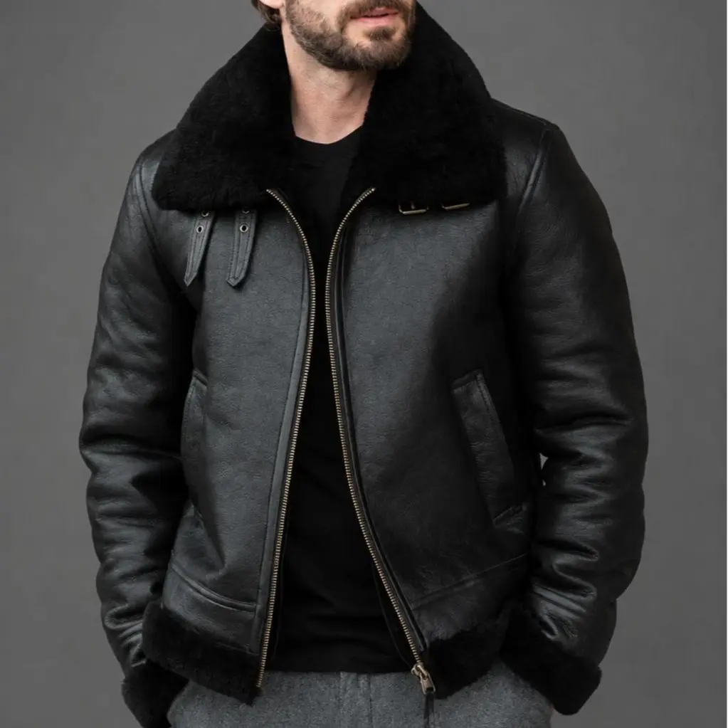 Men's Genuine Sheepskin Shearling Jacket, Black Leather Bomber Coat with Fur Collar, Zip Front Winter Aviator Jacket