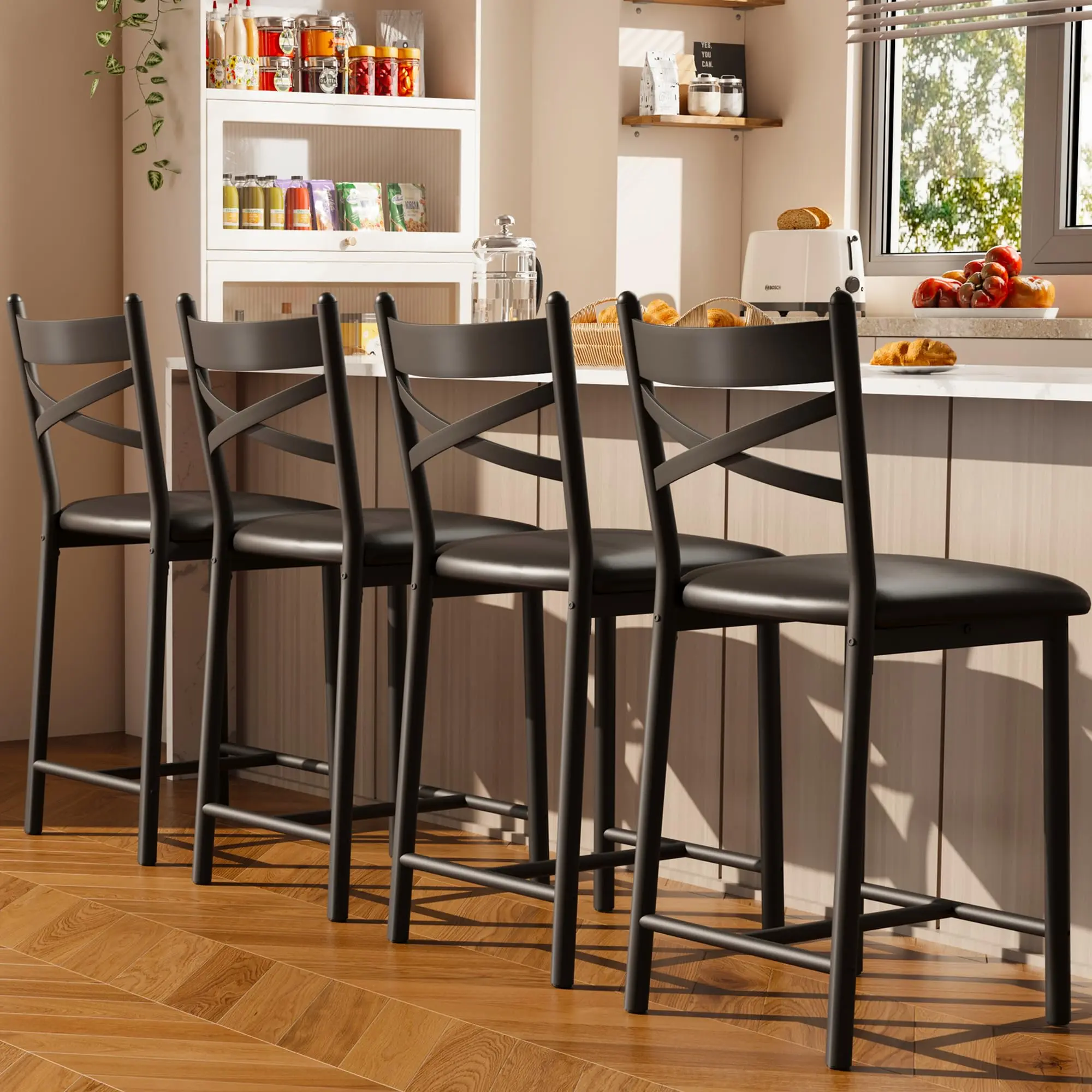 Set of 4 Counter Height Bar Stools, 26 Inch PU Leather Upholstered Seats, Sturdy Metal Frame with Classic X-Back Design & Built-in Footrest, Modern Comfortable Bar Chairs for Kitchen Island Dining Room Home Bar