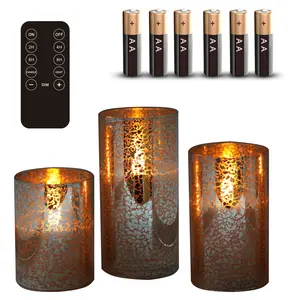 Silver Flameless LED Candles Set of 3 – Mercury Glass, Real Wax, Warm White Flicker, Remote & Timer, 500+ Hrs, Spring Mother's Day Decor, Batteries Included