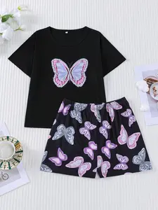 2 pieces of girls' purple butterfly print round neck short sleeved shorts and pajamas set suitable for all seasons, casual, comfortable, cute home wear Casual Comfy Pajama Pajama Sets