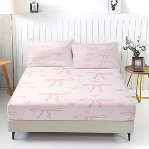 3pcs Light Pink Bow And Heart Fitted Sheet Set Featuring Cute Repeating Pattern. Includes 1 Fitted Sheet And 2 Coreless Pillowcases. Perfect For Valentine's Day, Girls' Bedrooms. Cozy And Gentle Aesthetic. Decorative Bedsheet Sets